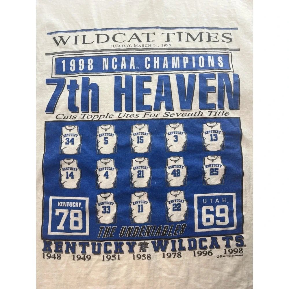 VTG Kentucky Wildcats Shirt‎ Size XL 1998 NCAA Champions Basketball Gildan Hands
